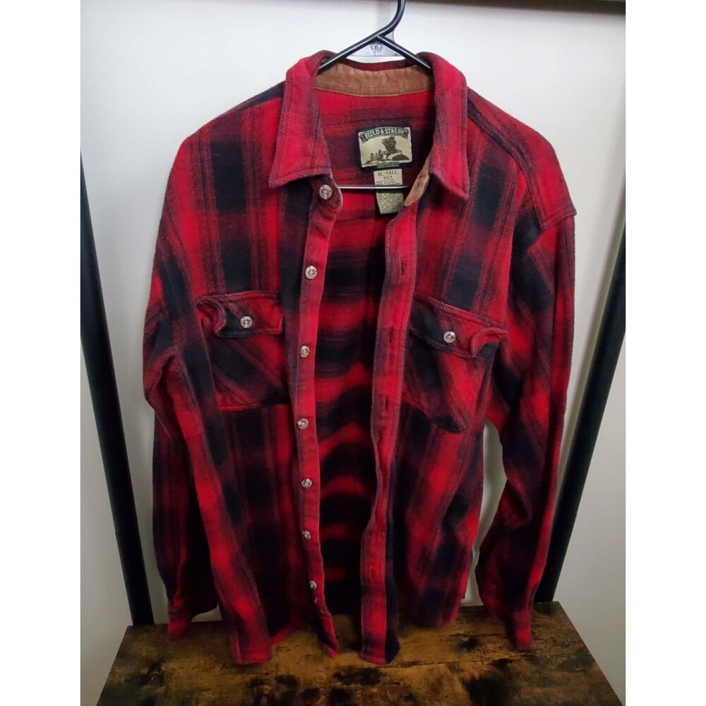 Field & Stream Men's XL TALL Red/Black Plaid Flannel Shirt Jacket - Heavyweight